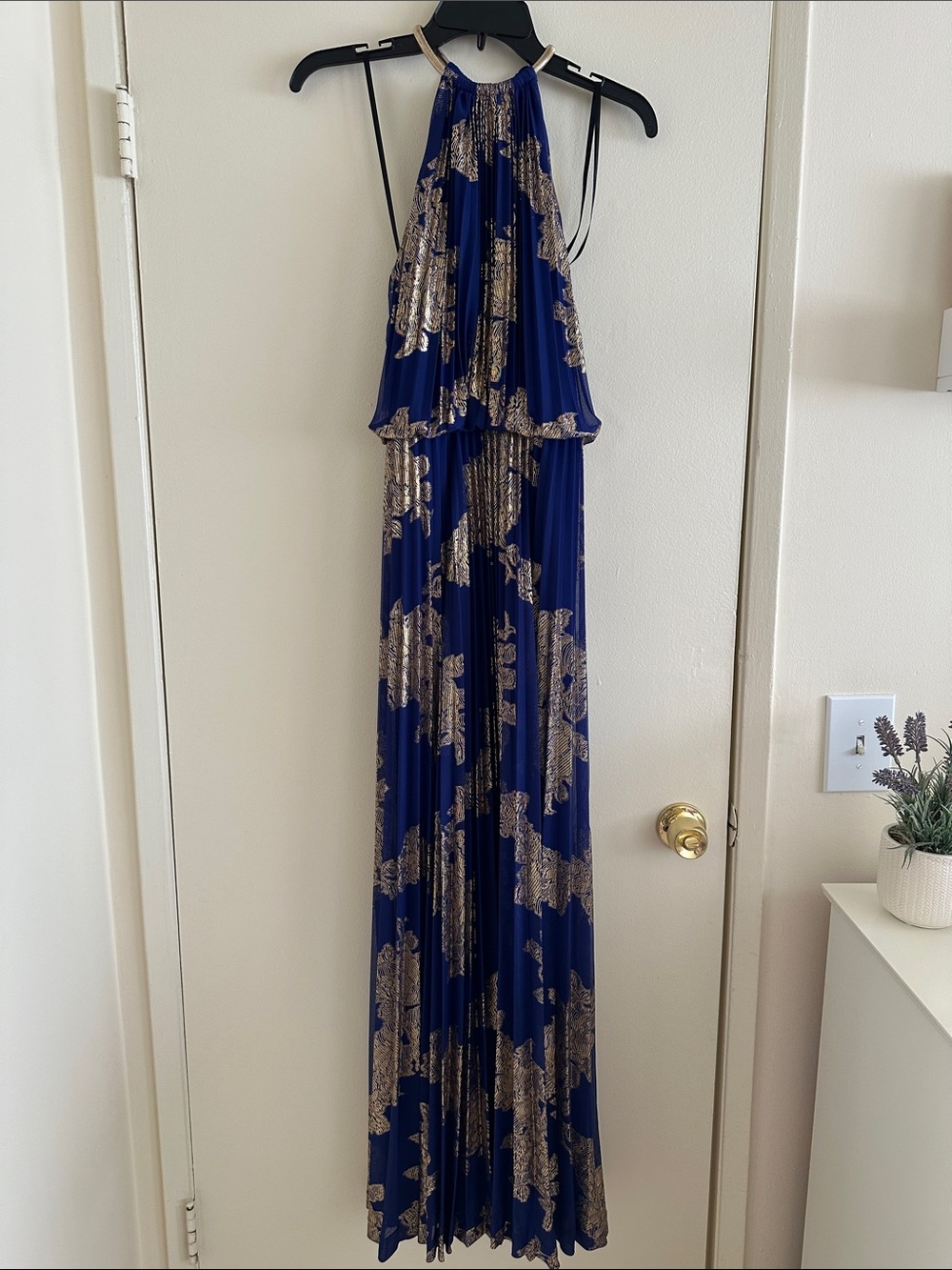 Xscape Navy Blue and Gold Halter Maxi Dress